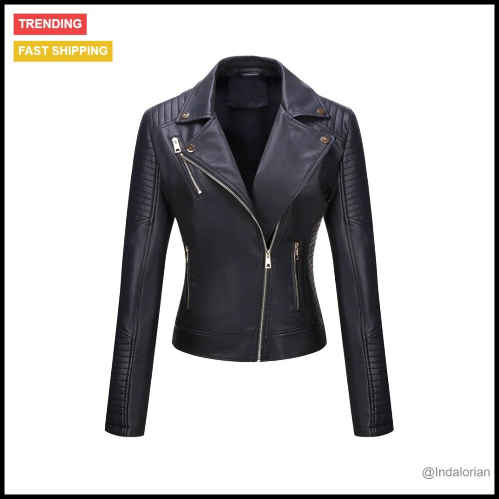 Faux Leather Moto Jacket Lightweight Classic Trendy Motorcycle Style Quilted